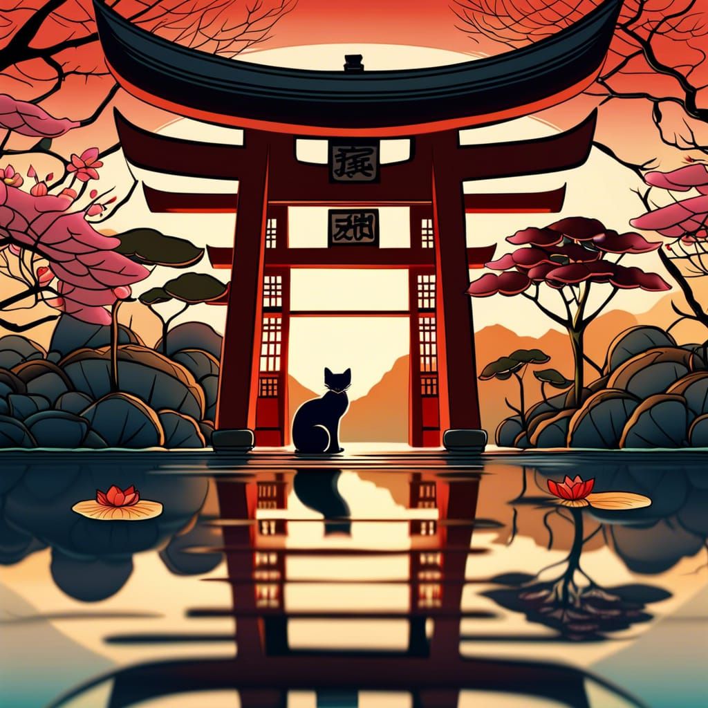 Shinto Shrine, Torii Gate, and Cat in Anime Style