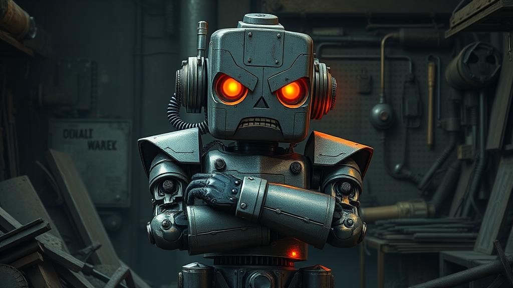 Grumpy Driller Robot in Dimly Lit Workshop