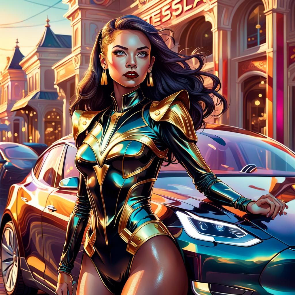Golden Tesla with a Mistress in Candy Art Style
