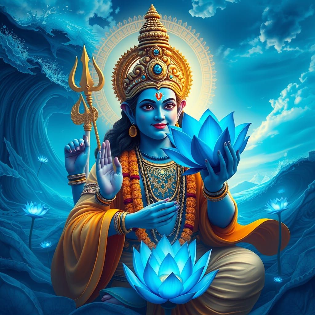 Lord Vishnu in Surreal Blue Dreamscape