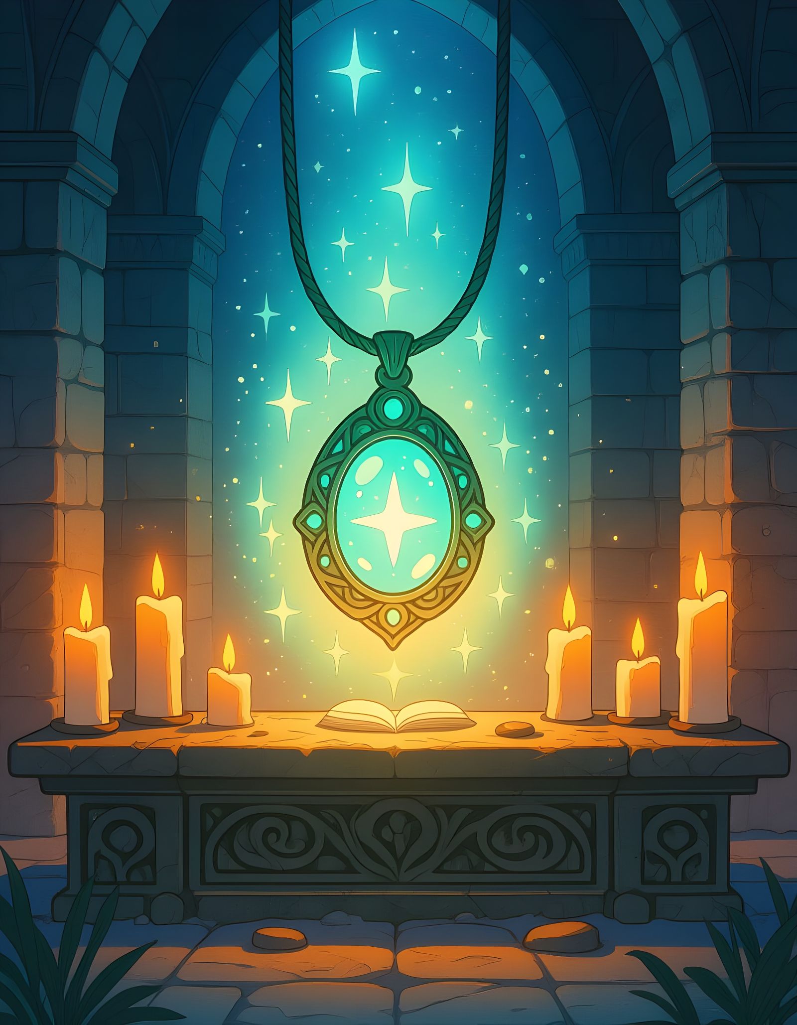 Enchanted Amulet on Ancient Altar in Anime Style
