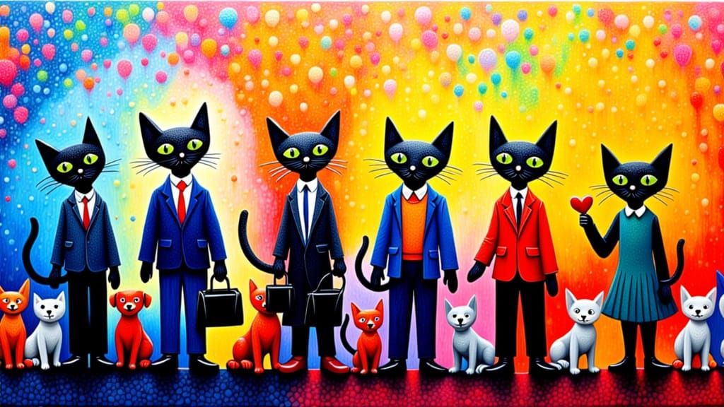 Whimsical Harmony of Cats and Dogs in Vibrant Impasto Scene