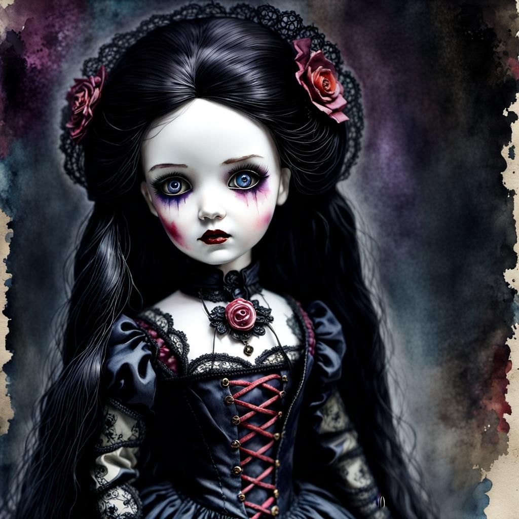 Creepy Gothic Porcelain Doll in Watercolor Style