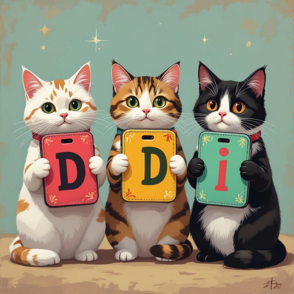 Whimsical Cats Holding Phones Spelling DIDI