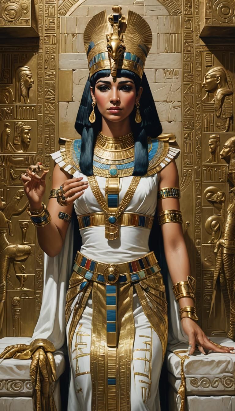 Cleopatra as Egyptian Goddess in Hyperrealistic Gold Paintin...