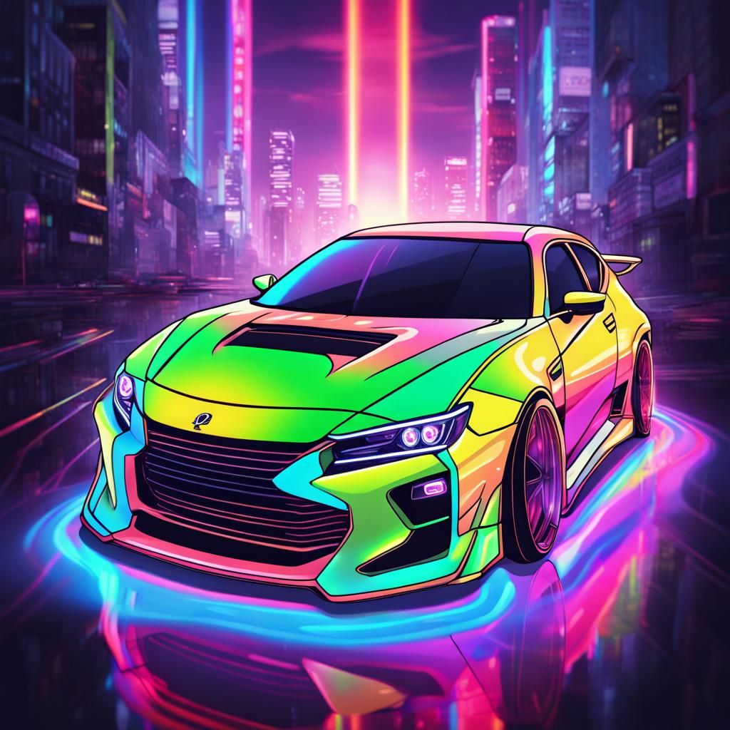 Neon Lit Anime Car in Futuristic Style