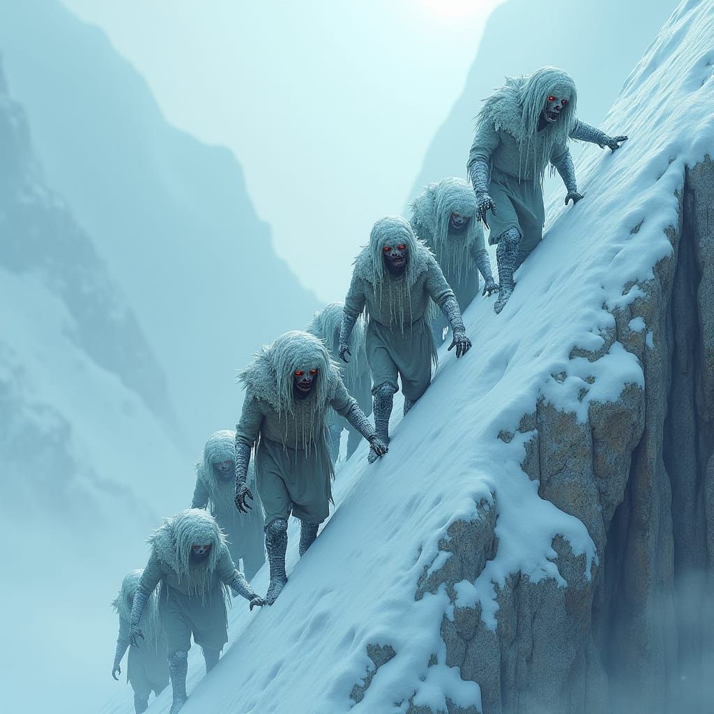 Snow Zombies Climb Everest in a Matte Painting Style