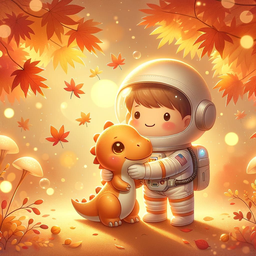 Astronaut Hugs Baby Dinosaur in Cozy Autumn Scene