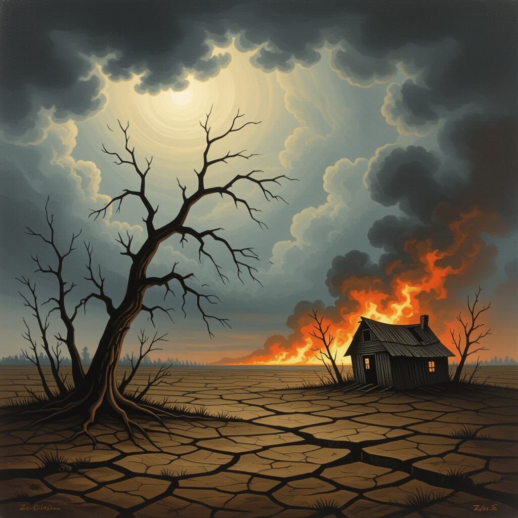 Desolate Landscape Under Stormy Sky in Beksiński Style