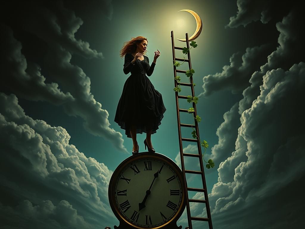 Surreal Victorian Woman with Superstition Symbols