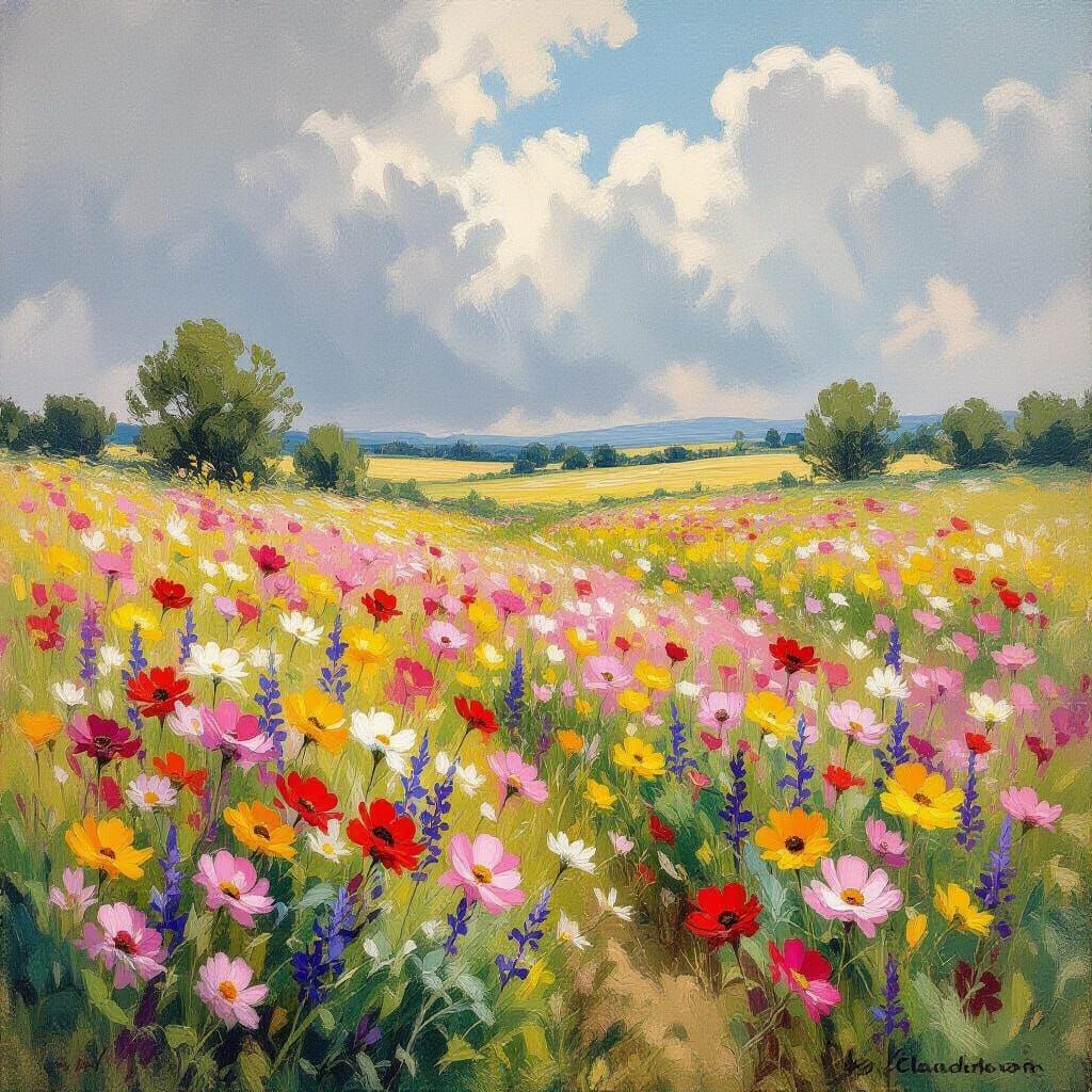 Wildflower Meadow in Summer Rain, Impressionistic Style