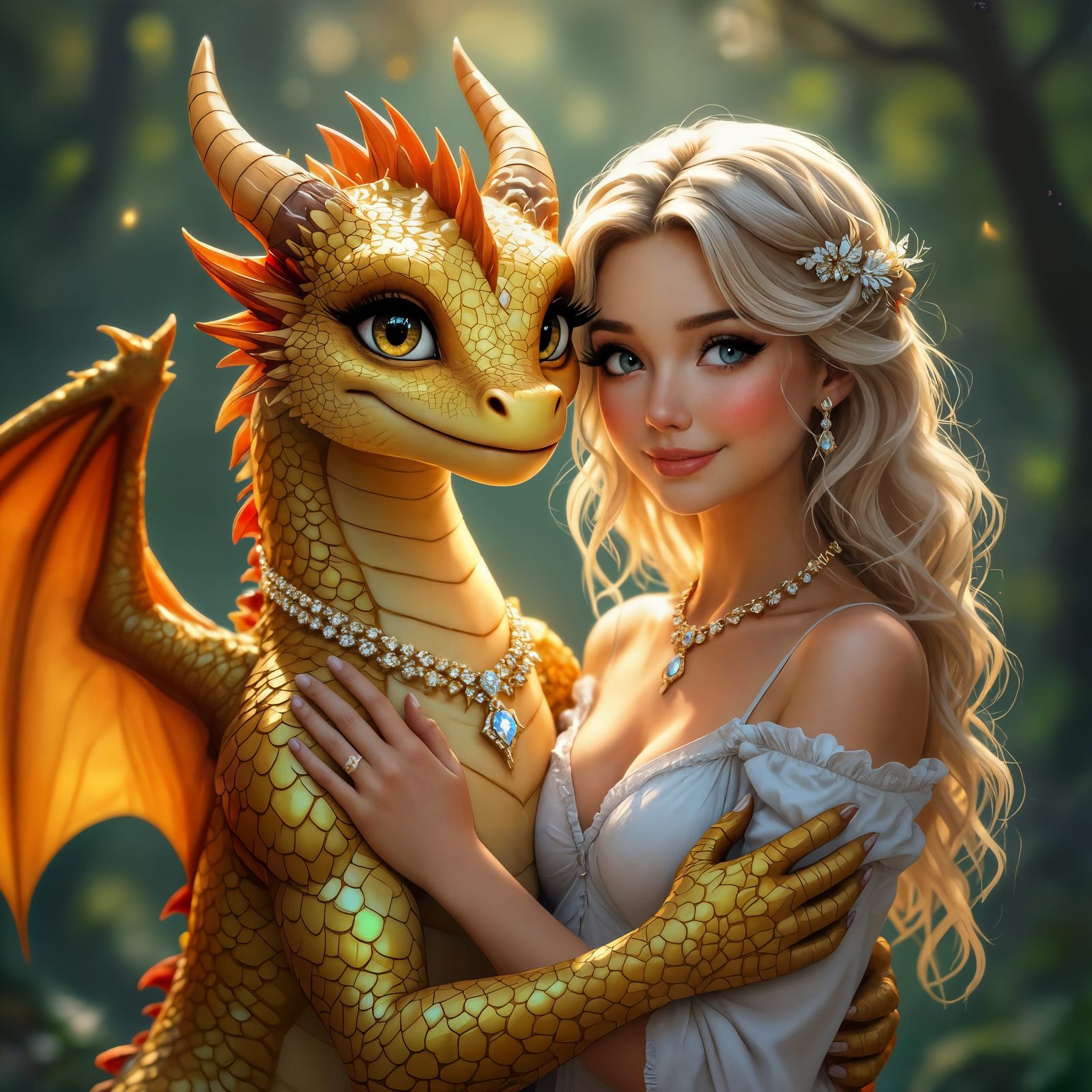 Gold Dragon and Human Embrace: Digital Painting