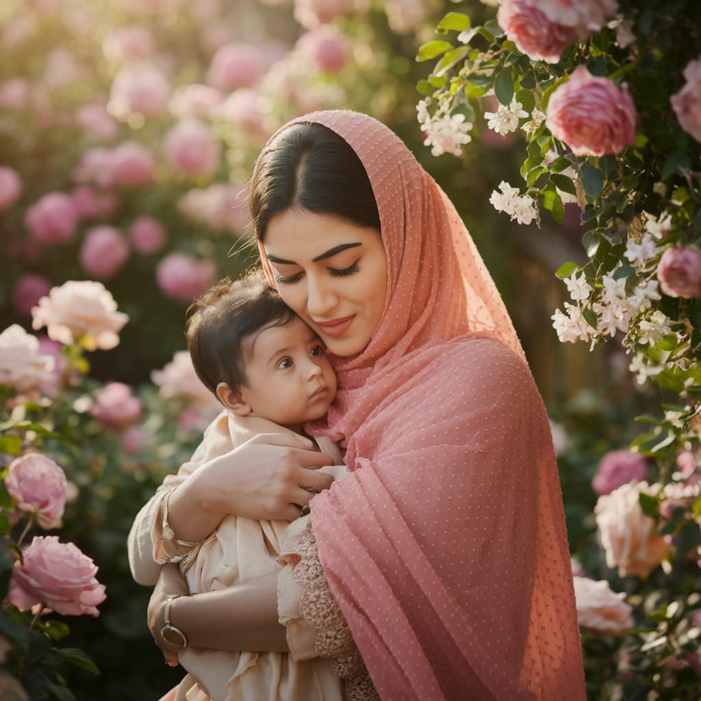 Pakistani Mother's Tender Moment in Vibrant Flower Garden