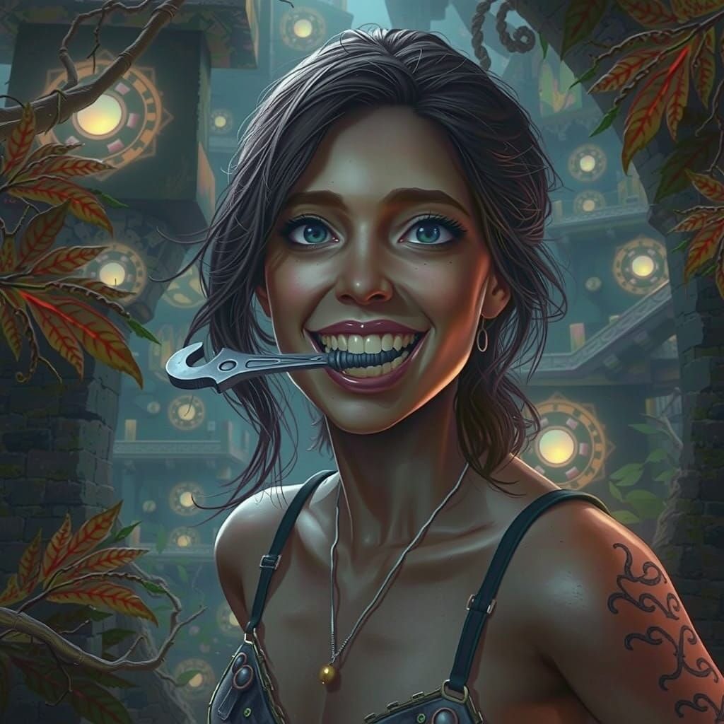 Young Adventurer Speaks with Wrench in Fantastical Landscape