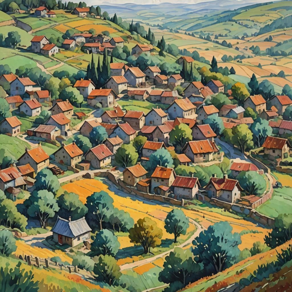Plateau Village in Gouache Watercolor Style