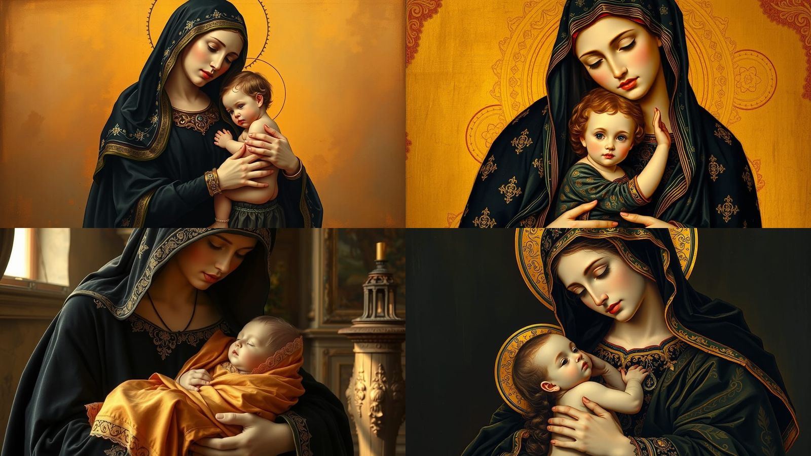 Holy Mary and Jesus in Black and Gold