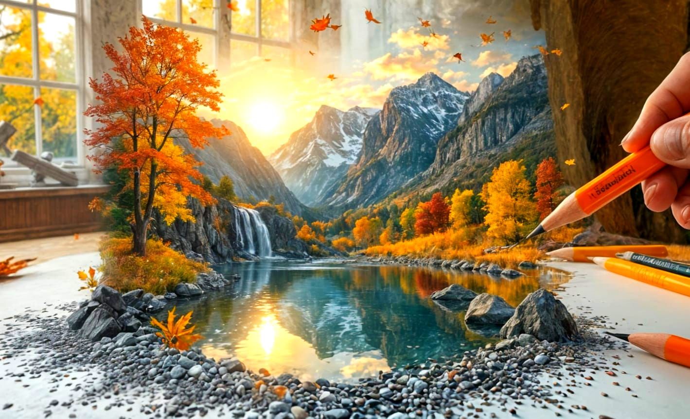 Autumn Waterfall Emerging From Graphite Pencil Art