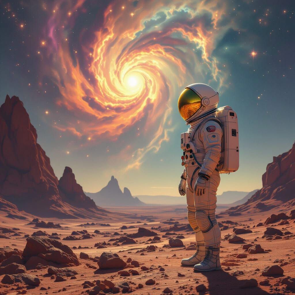 Astronaut Gazing at Nebula on Alien Planet