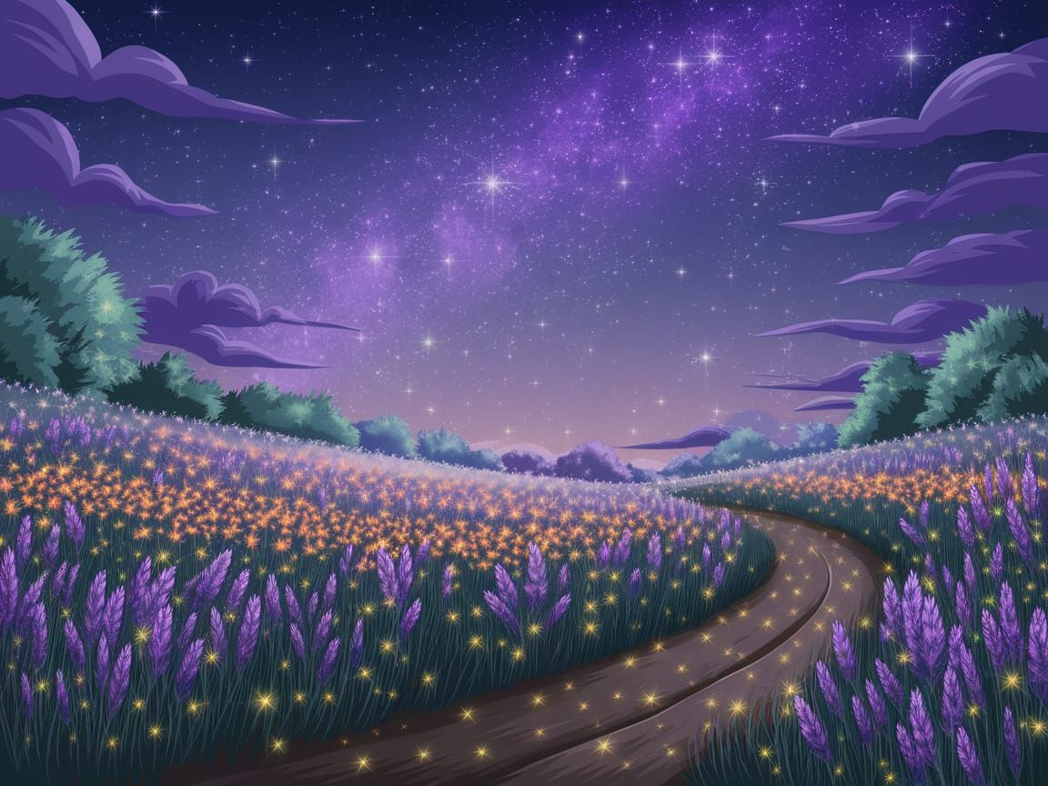 Dreamlike Starry Field with Fireflies and Flowers