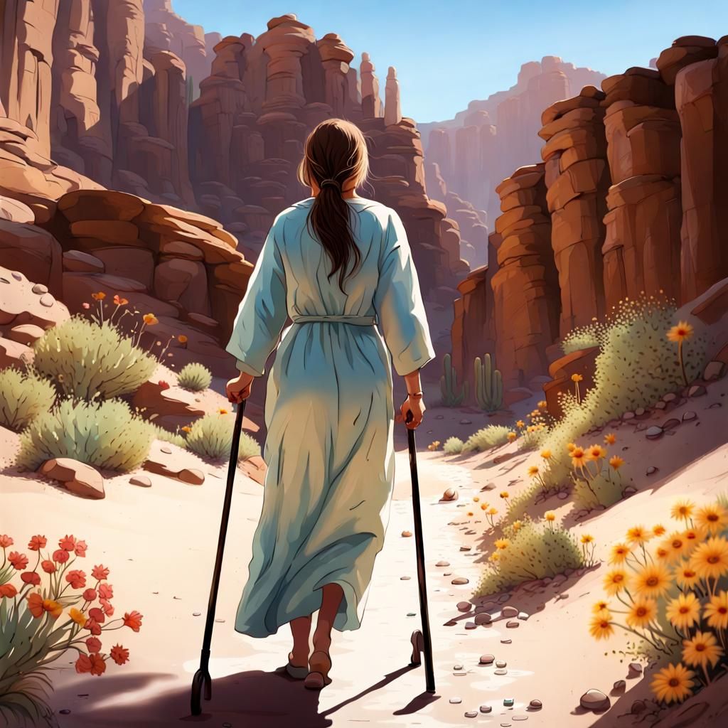 Woman in Hospital Gown Walks Through Desert