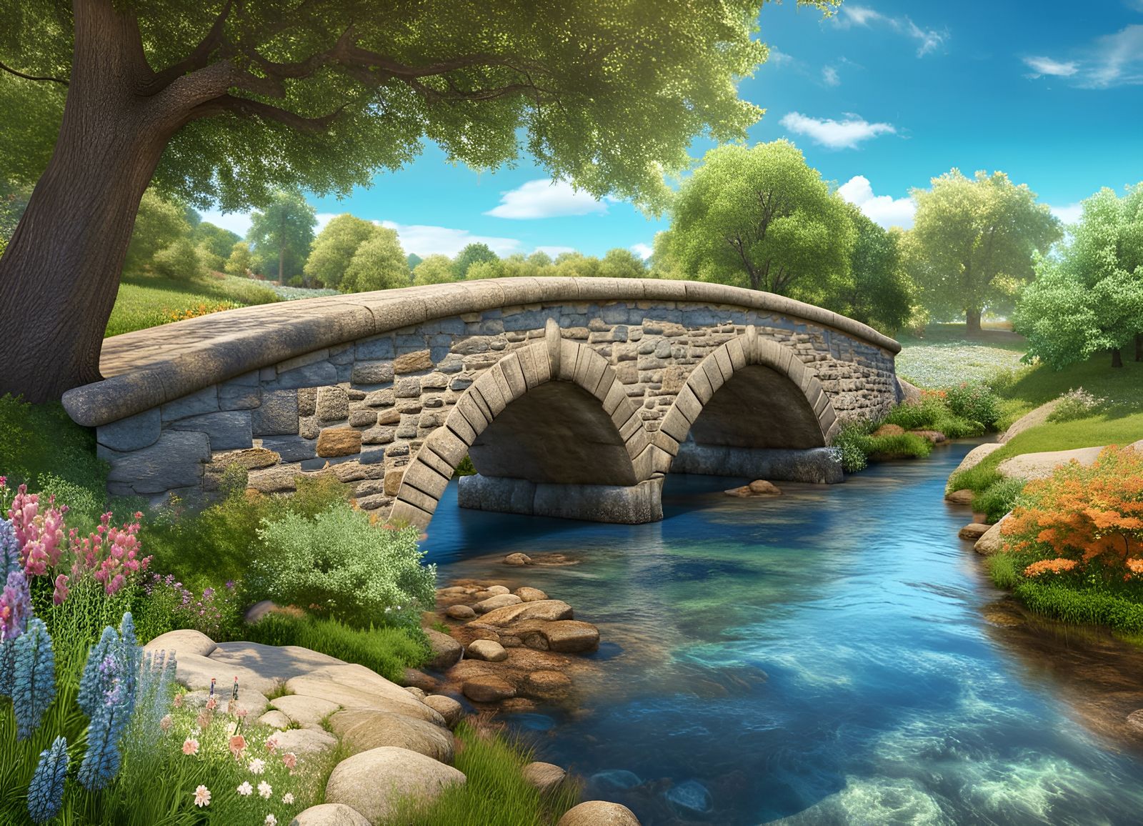 Medieval Stone Bridge Over Blue Stream, Hyperrealistic 3D Re...