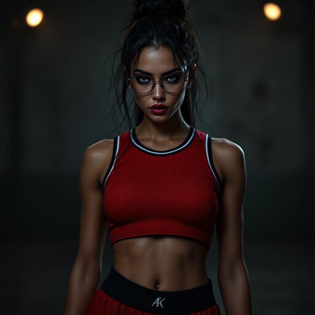 Gothic Basketball Star in Red Jersey with Eyeglasses