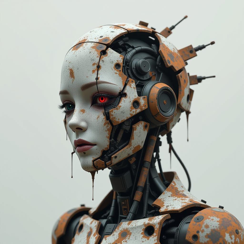 Decaying Android Portrait in Haunting Minimalist Style