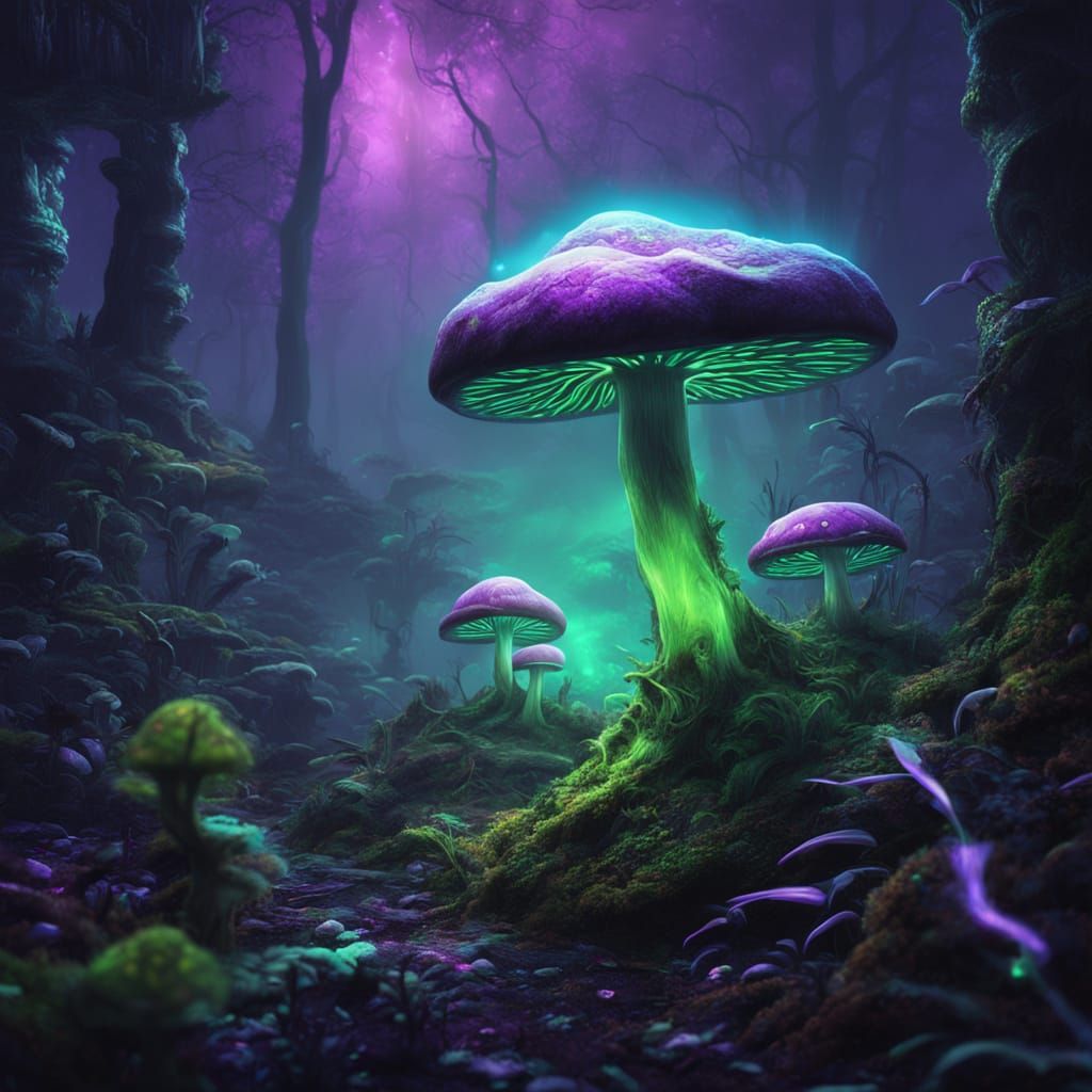 Alien Mushroom Glows in Vibrant Bioluminescent Jungle