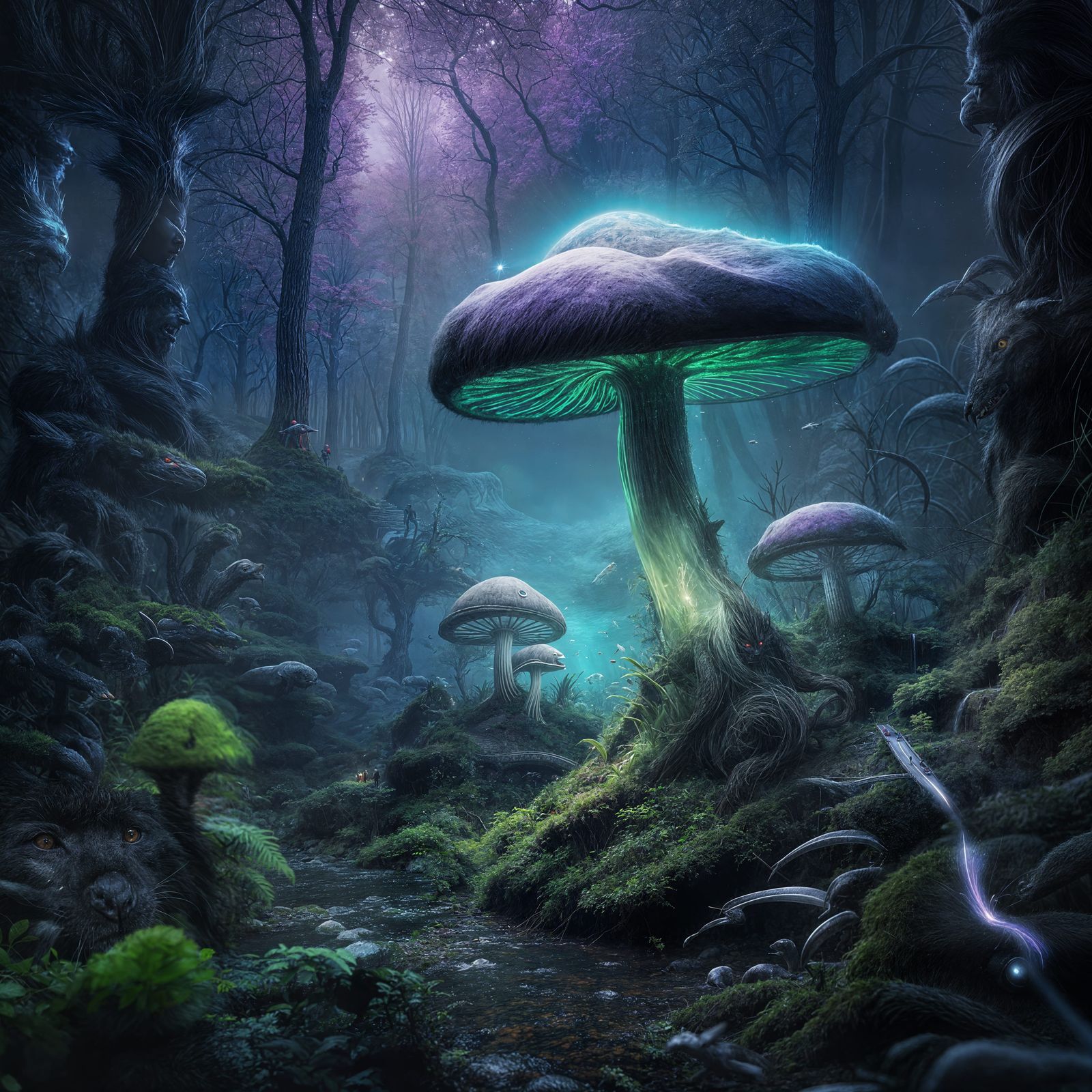 Alien Mushroom Glows in Vibrant Bioluminescent Jungle