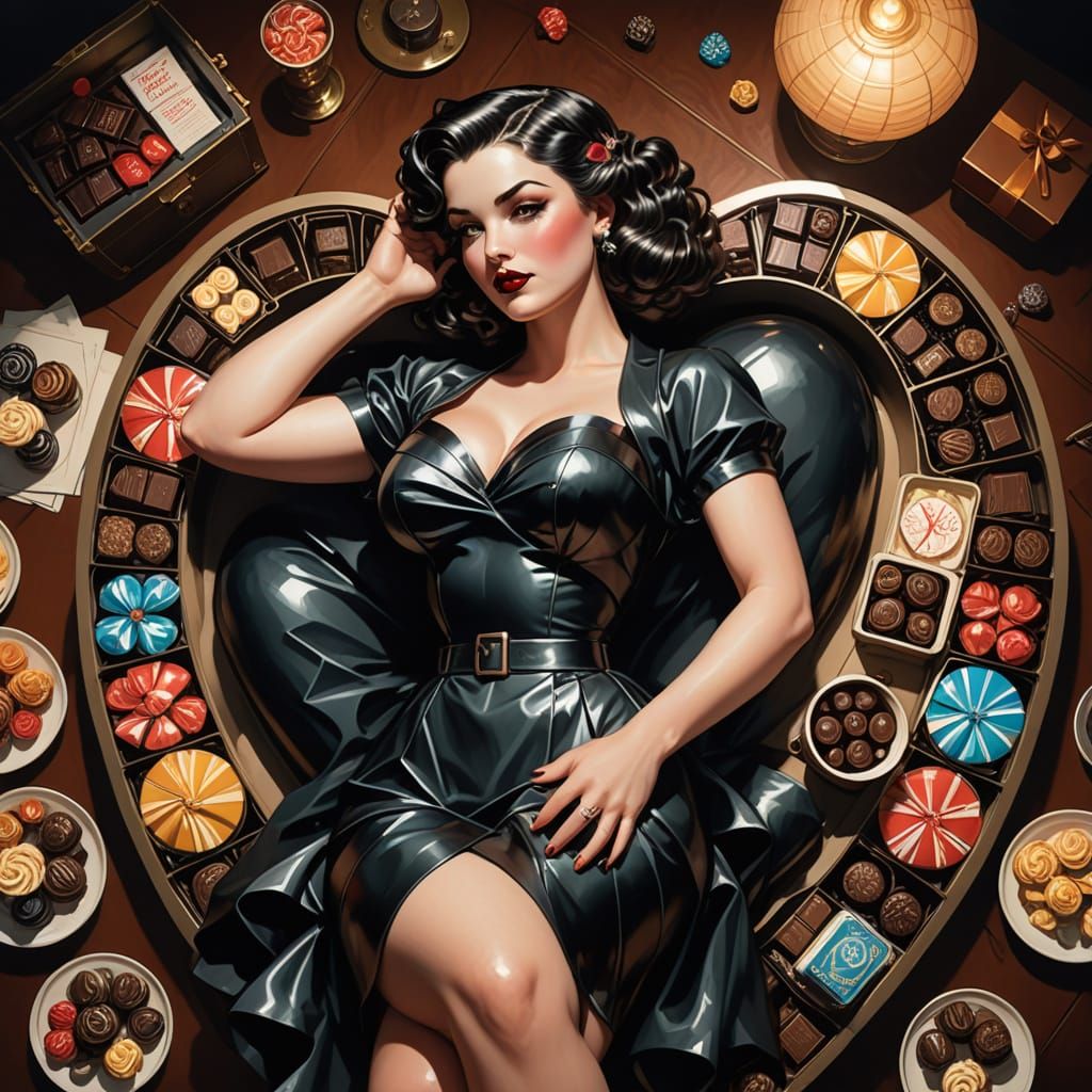 Goth Pinup Model in Oversized Black Heart-Shaped Box of Choc...