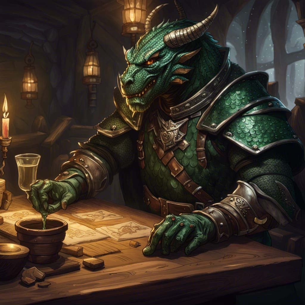 Dragonborn Warrior in Tavern: Dark Fantasy Concept Art