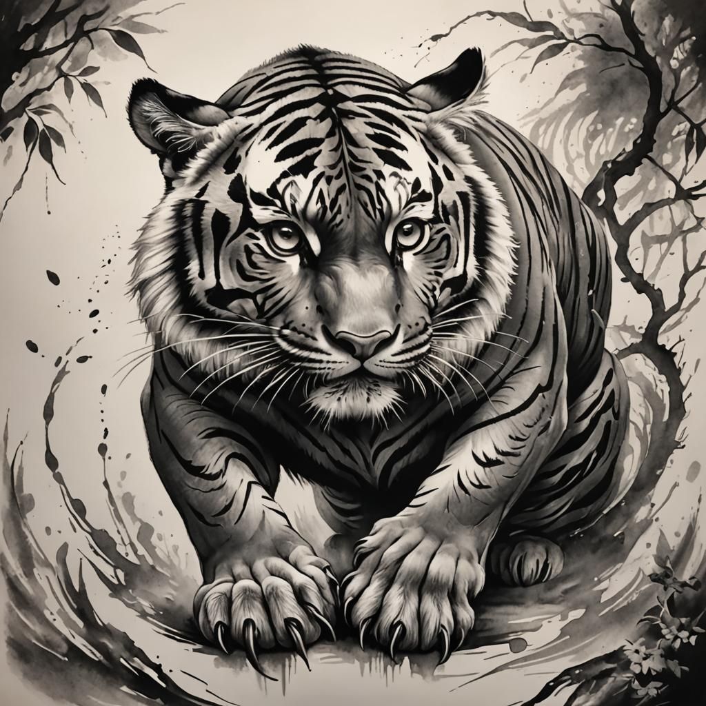 Tribal Tattoo: Crouching Tiger in Black and White