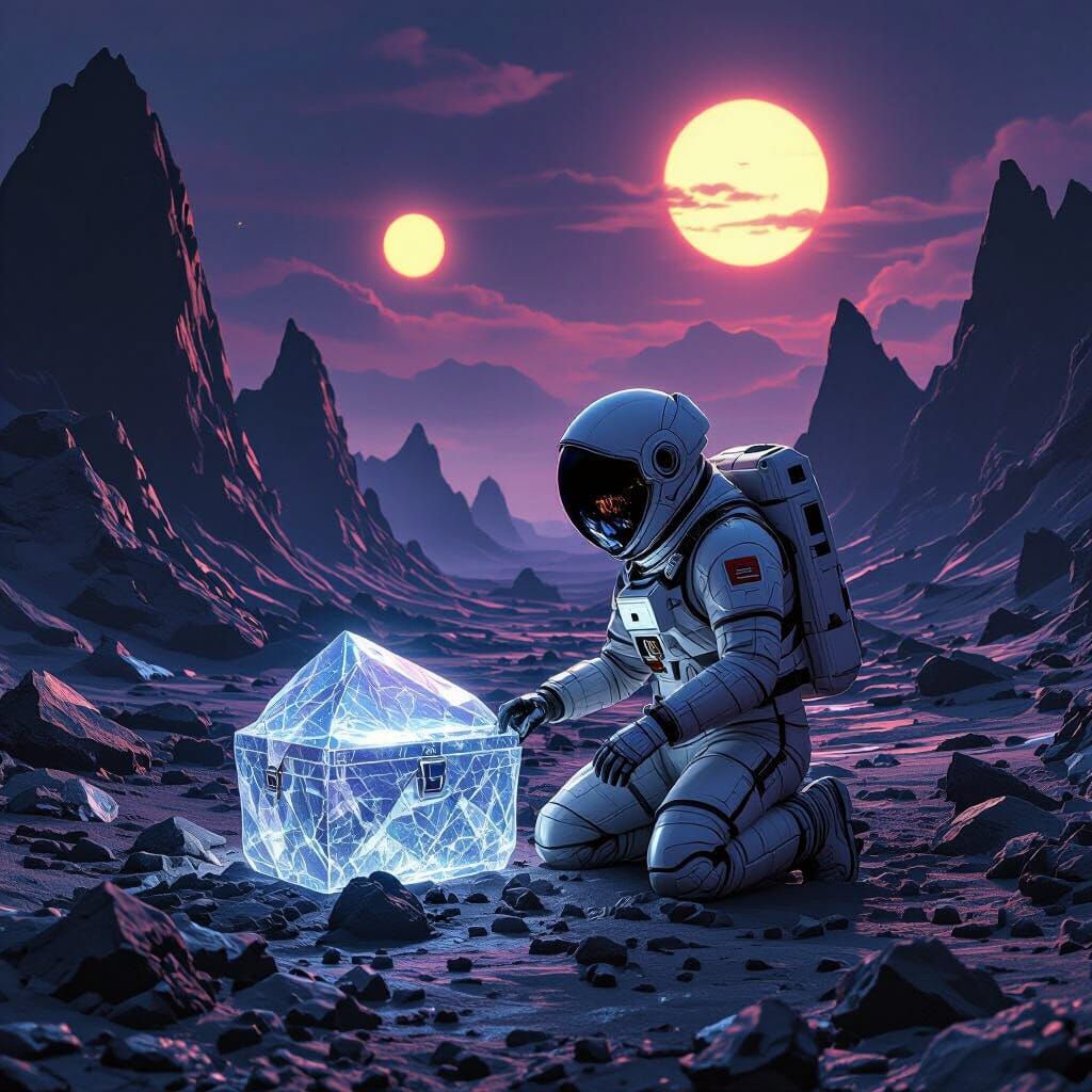 Astronaut and Crystalline Chest on Alien Planet