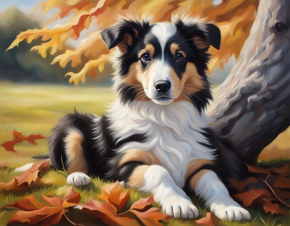 Collie Puppy Under Oak Tree: Realistic Oil Painting