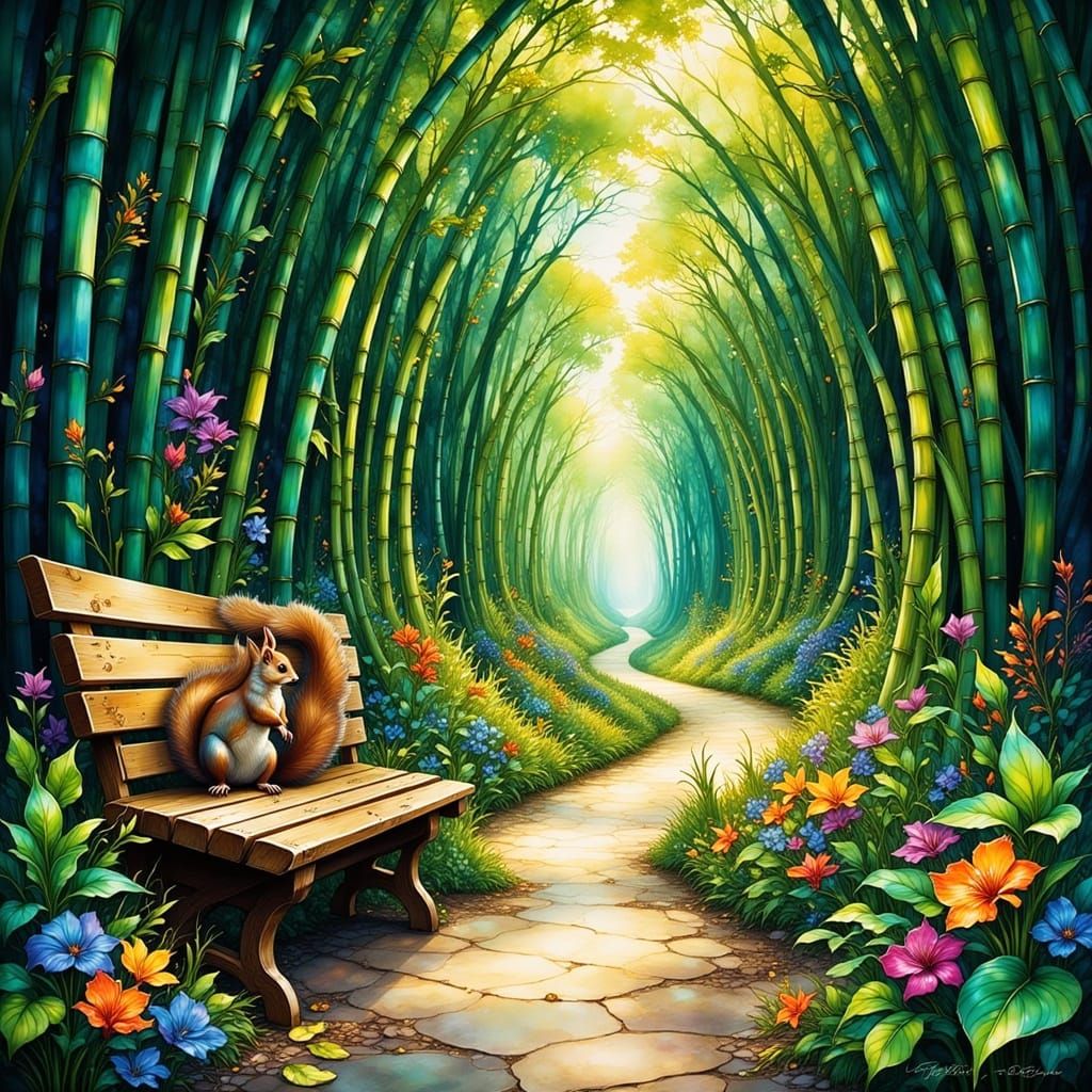 Bamboo Forest Path with Tropical Flowers and Squirrel