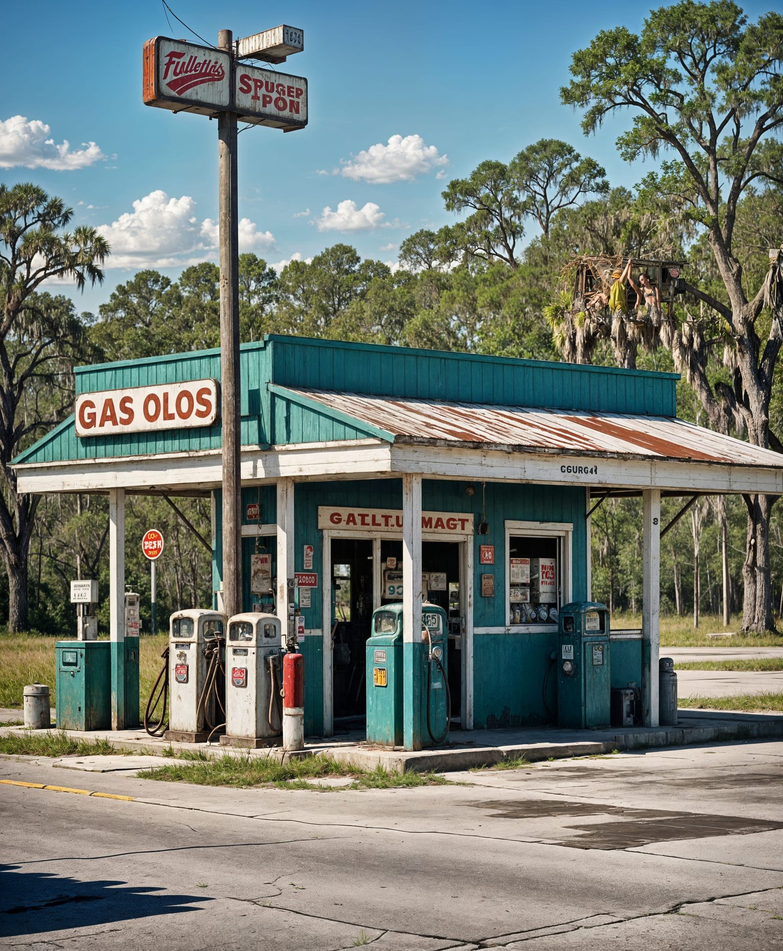 Small Town Gas Station in Florida Swamp, 1950s