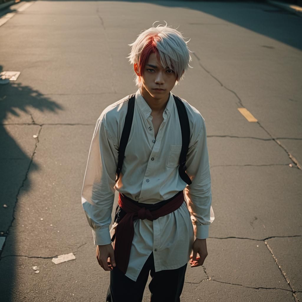 Dramatic Film Still of Shoto Todoroki in Heroic Pose