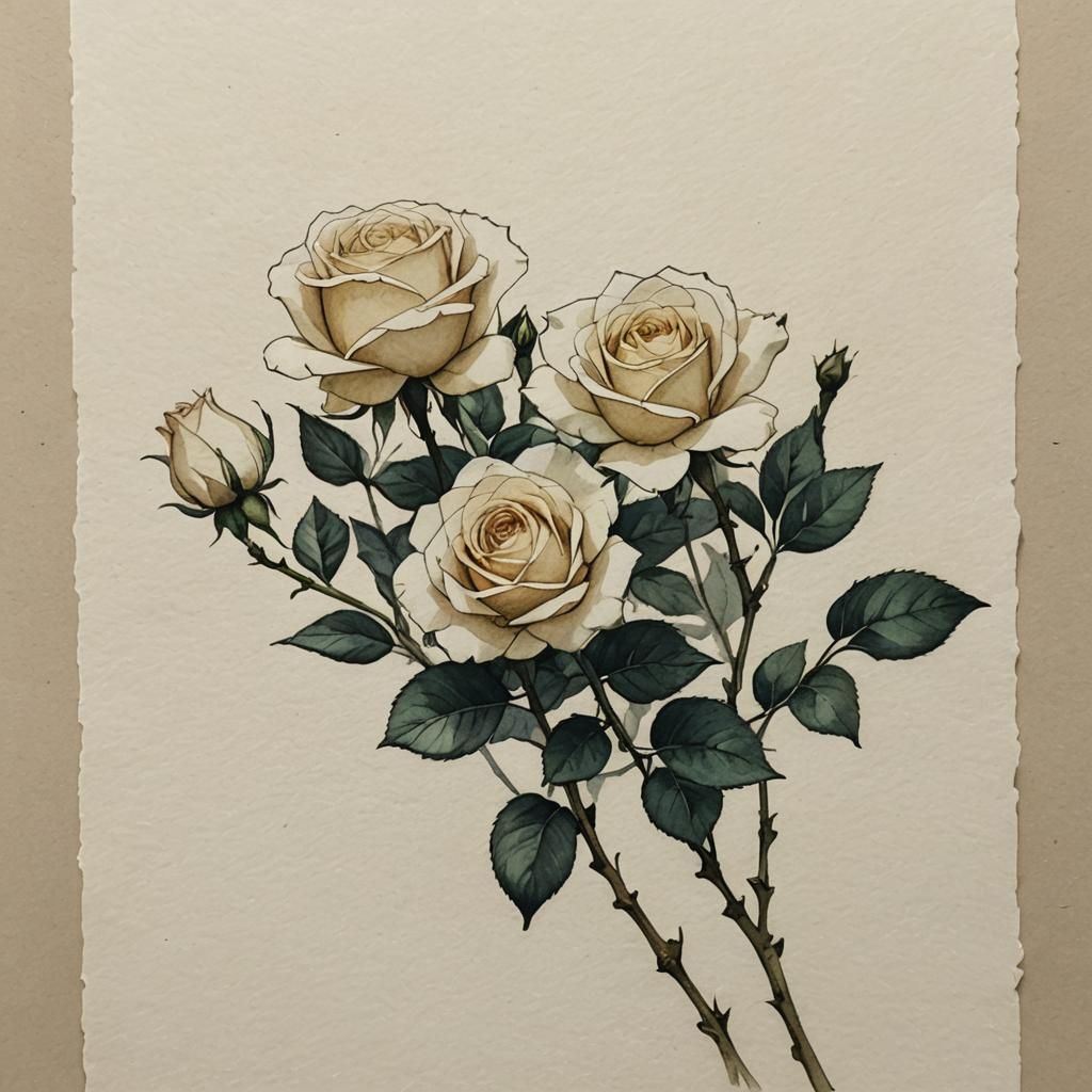 Minimalist Watercolor: Three White Roses on Cream Paper
