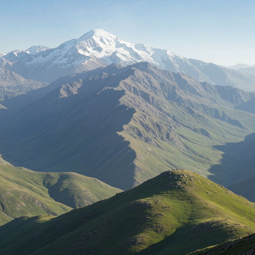 Majestic Mountain Range Descends Through Snowy Peaks to Gree...