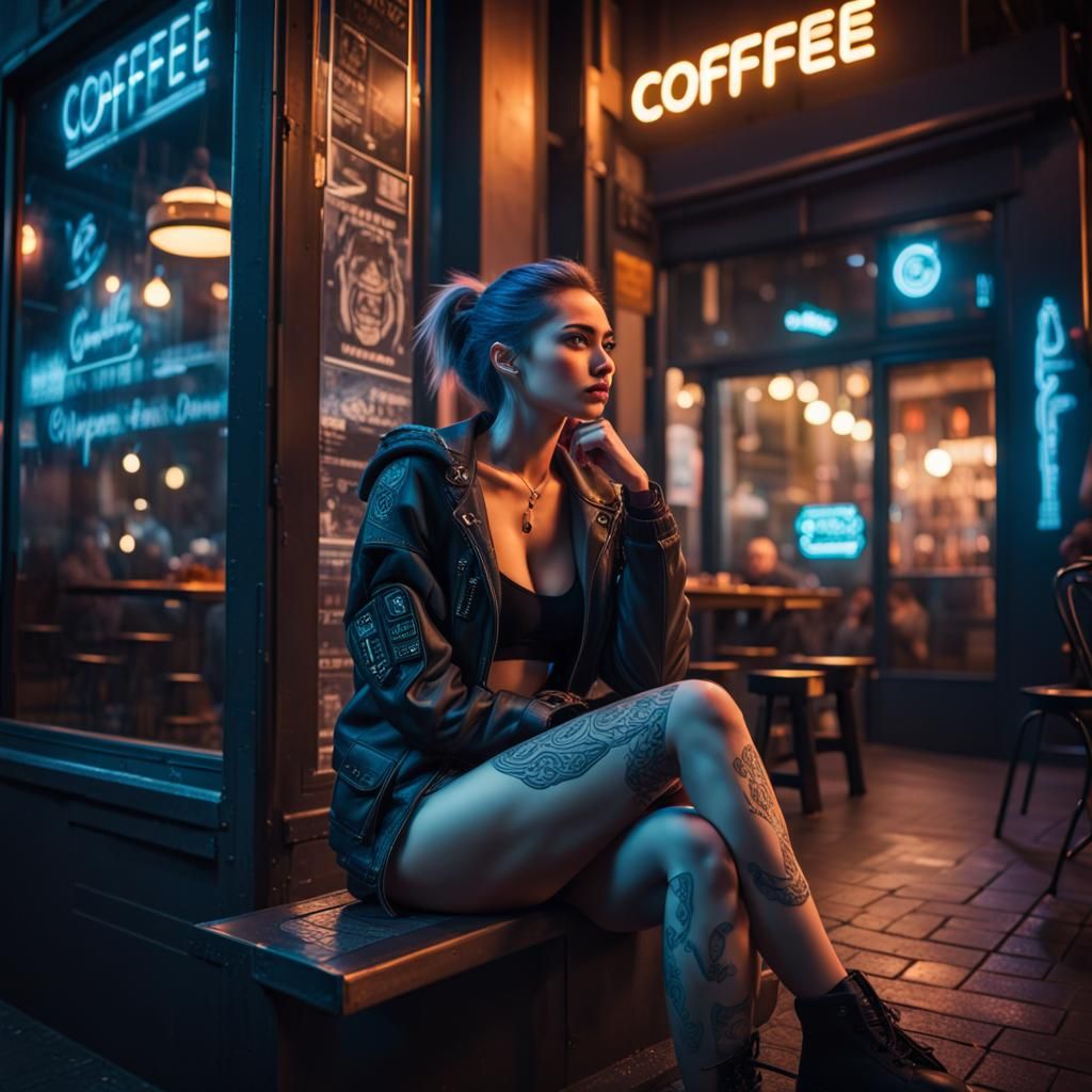 Cyberpunk Woman at Coffee Shop in Futuristic City