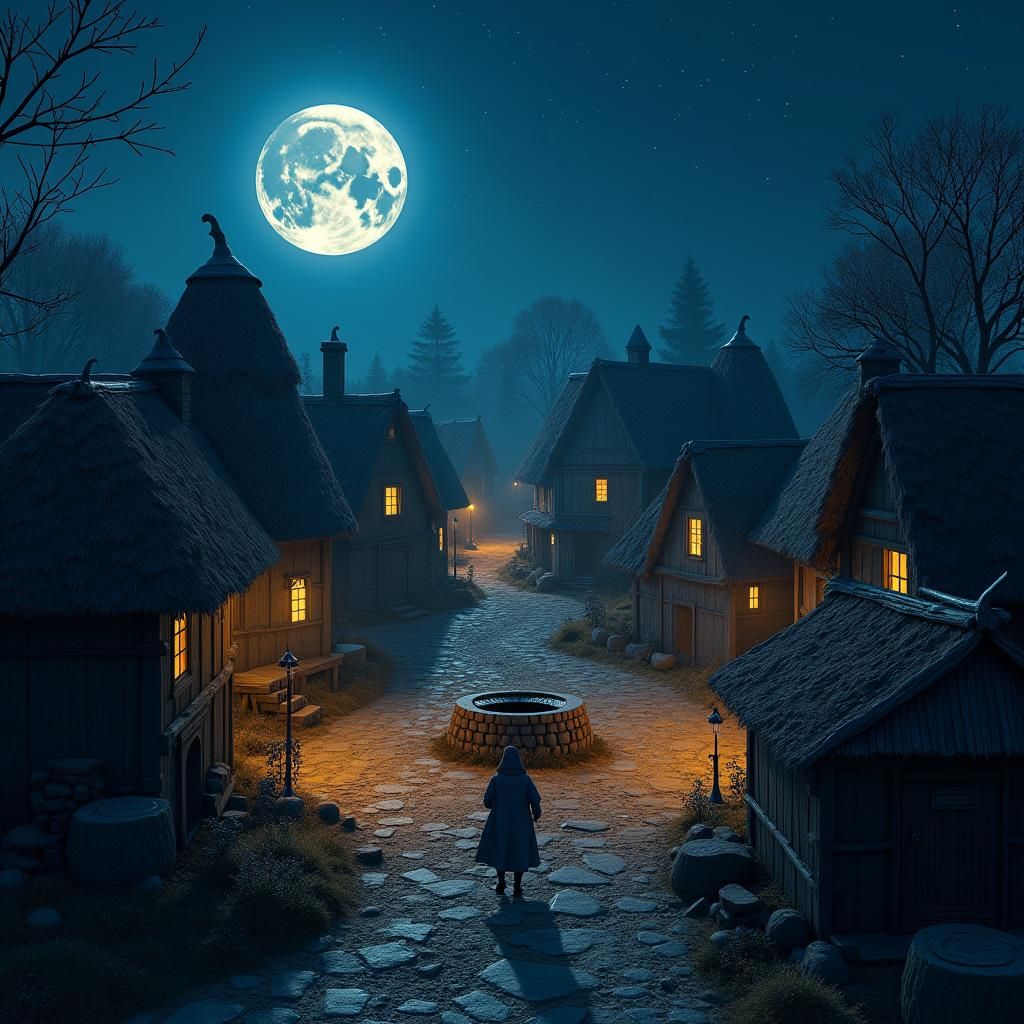 Moonlit Medieval Village: Aerial View in Matte Painting Styl...