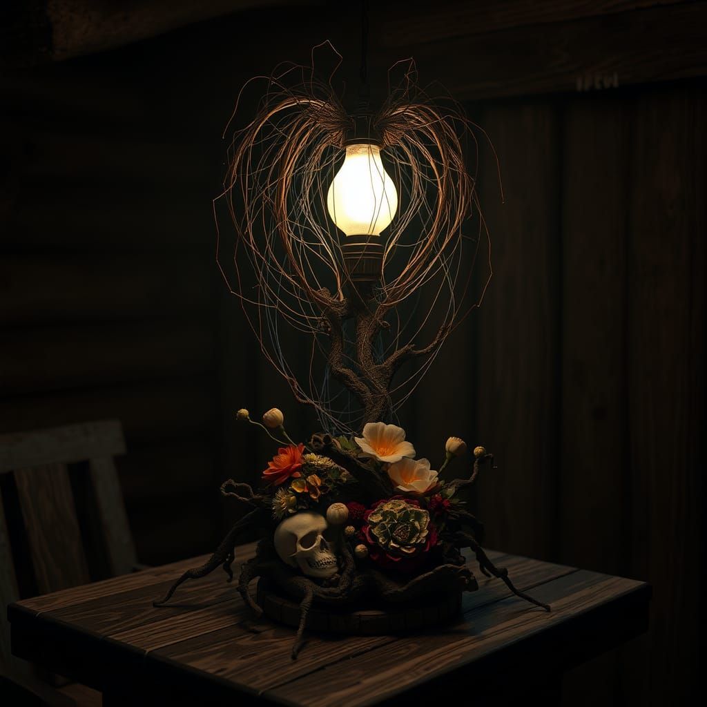 Ethereal Lamp in Eerie Cabin, Dark Fantasy Concept Art