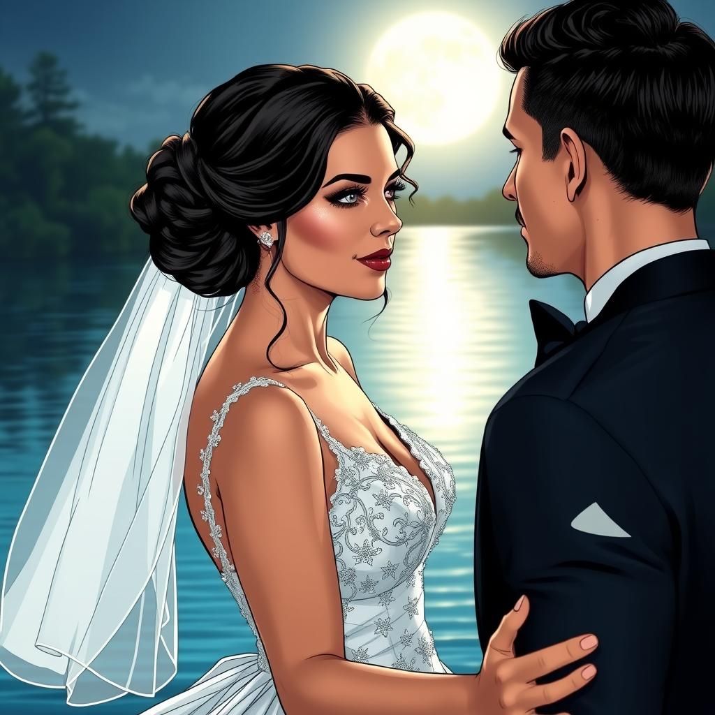 Romantic Lakeside Bridal Couple in Comic Book Style