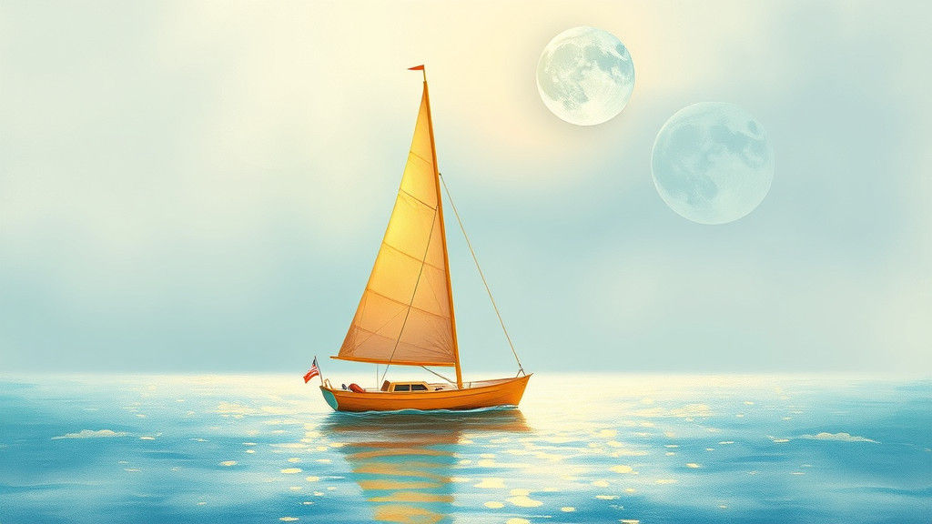 Golden Sailboat on Shimmering Lake in Watercolour Style