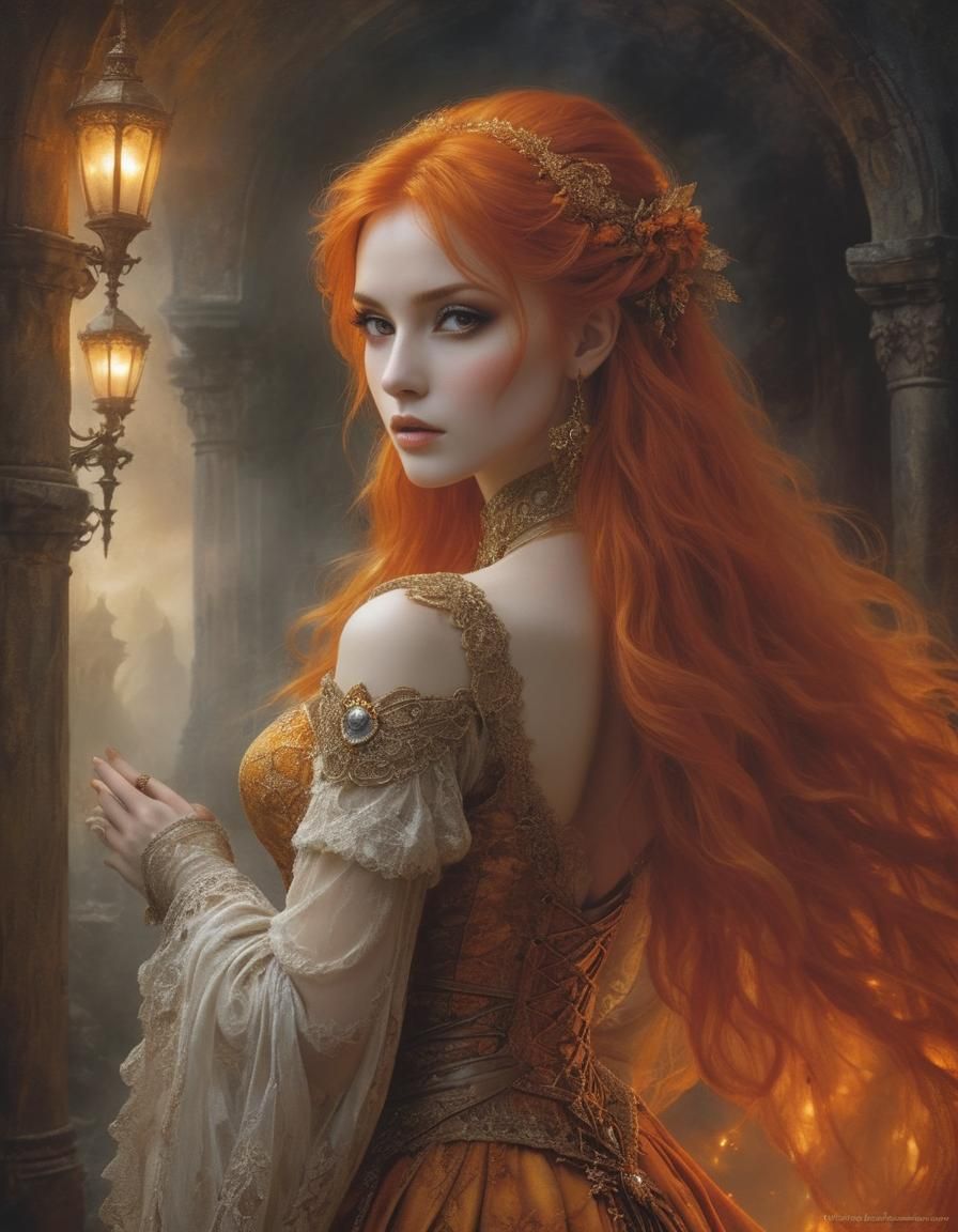 Mystical Woman with Fiery Hair in Fantasy Art