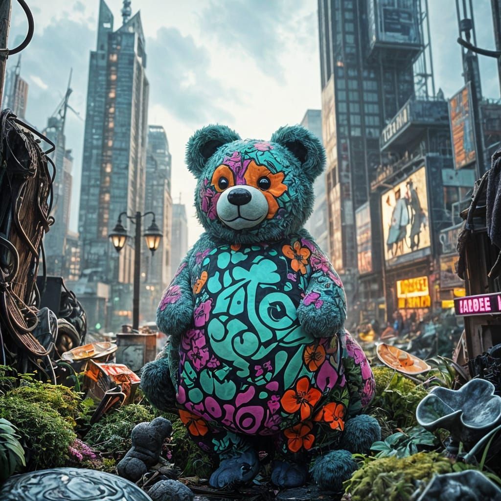 Graffiti Bioluminescent Teddy Bear in Abandoned Cityscape
