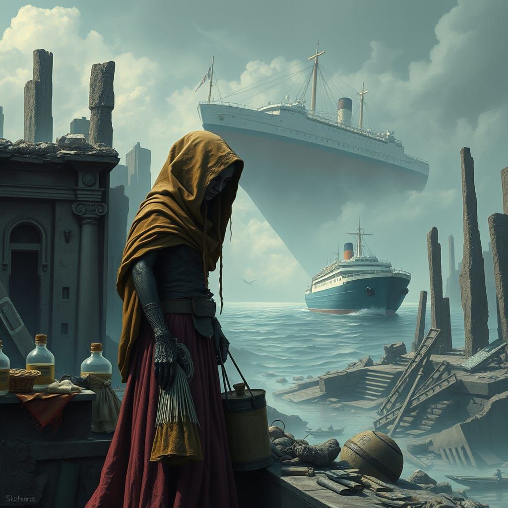 Post-Apocalyptic Merchant in Desolate Cityscape