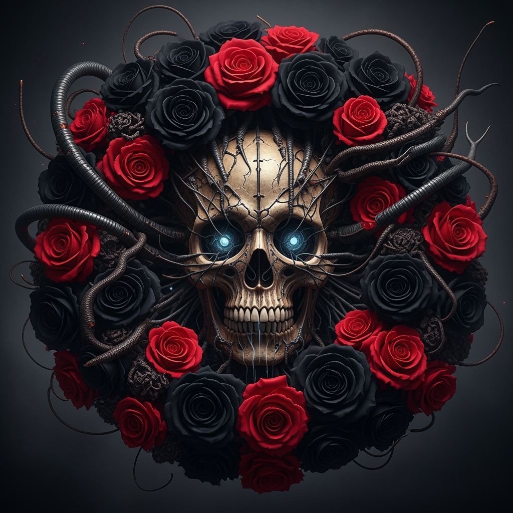 Skull Surrounded by Black and Red Roses in Biomechanical Sty...