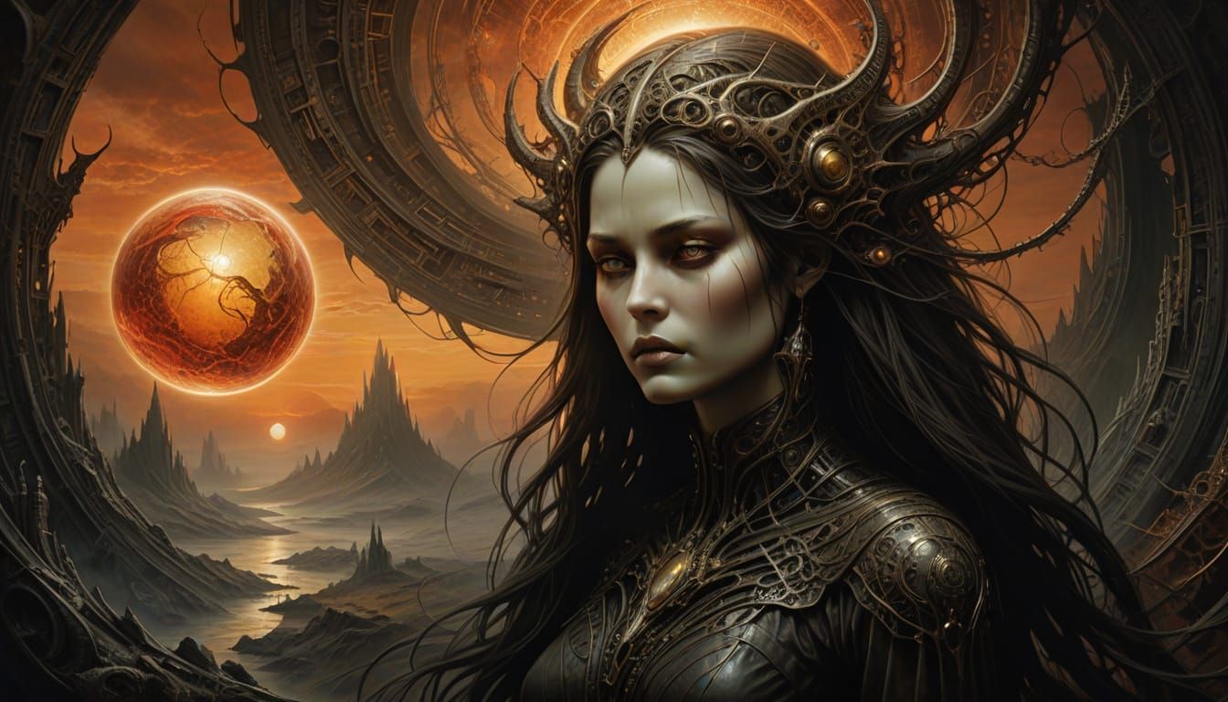 Ethereal Woman Contemplates Destiny Amidst Golden and Red En...