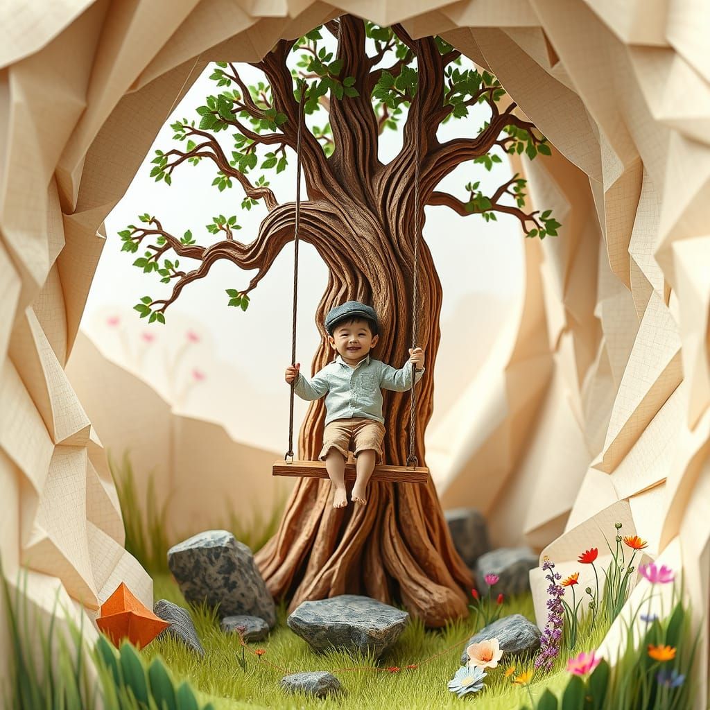 Origami Cave With Tree and Boy on Swing